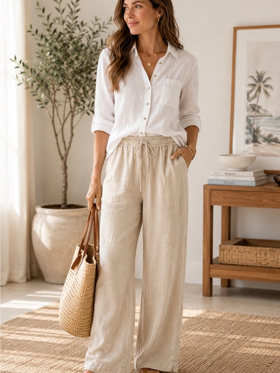 Tommy Bahama Pants - Tommy Bahama 100% Linen Drawstring Wide Leg Pants Womens Small Pull On Beige